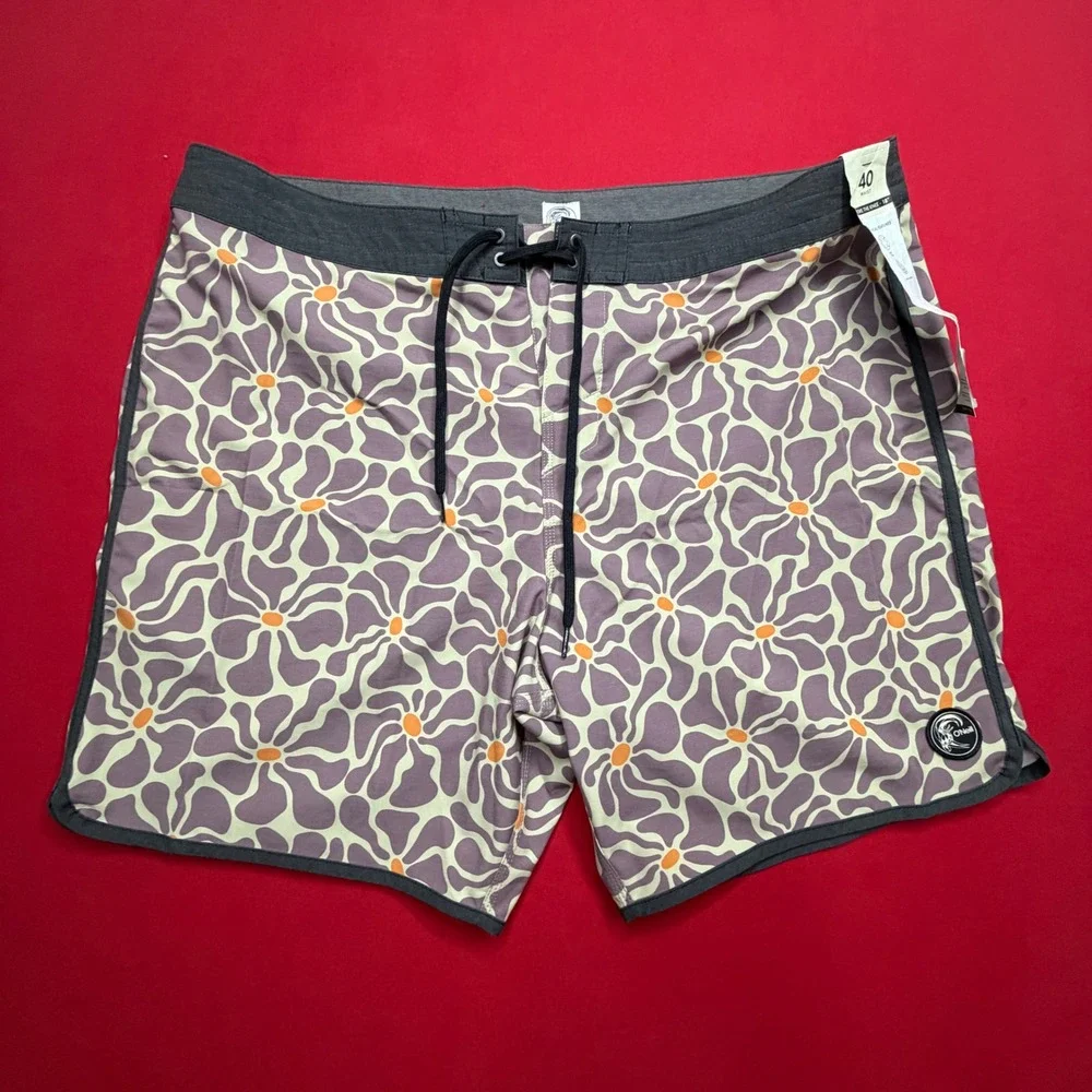 NWT SURF ONeill Mens OG Print Scallop Boardshorts Grape Floral Retro Stretch 40
